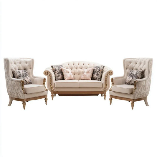 Sofa, Klasyczny 3 gumowy poliester w kremie, złocie, szarym i beżowym, 2-osobowa sofa 180 x 90 x 108 cm i 2 fotele 90 x 90 x 115 cm