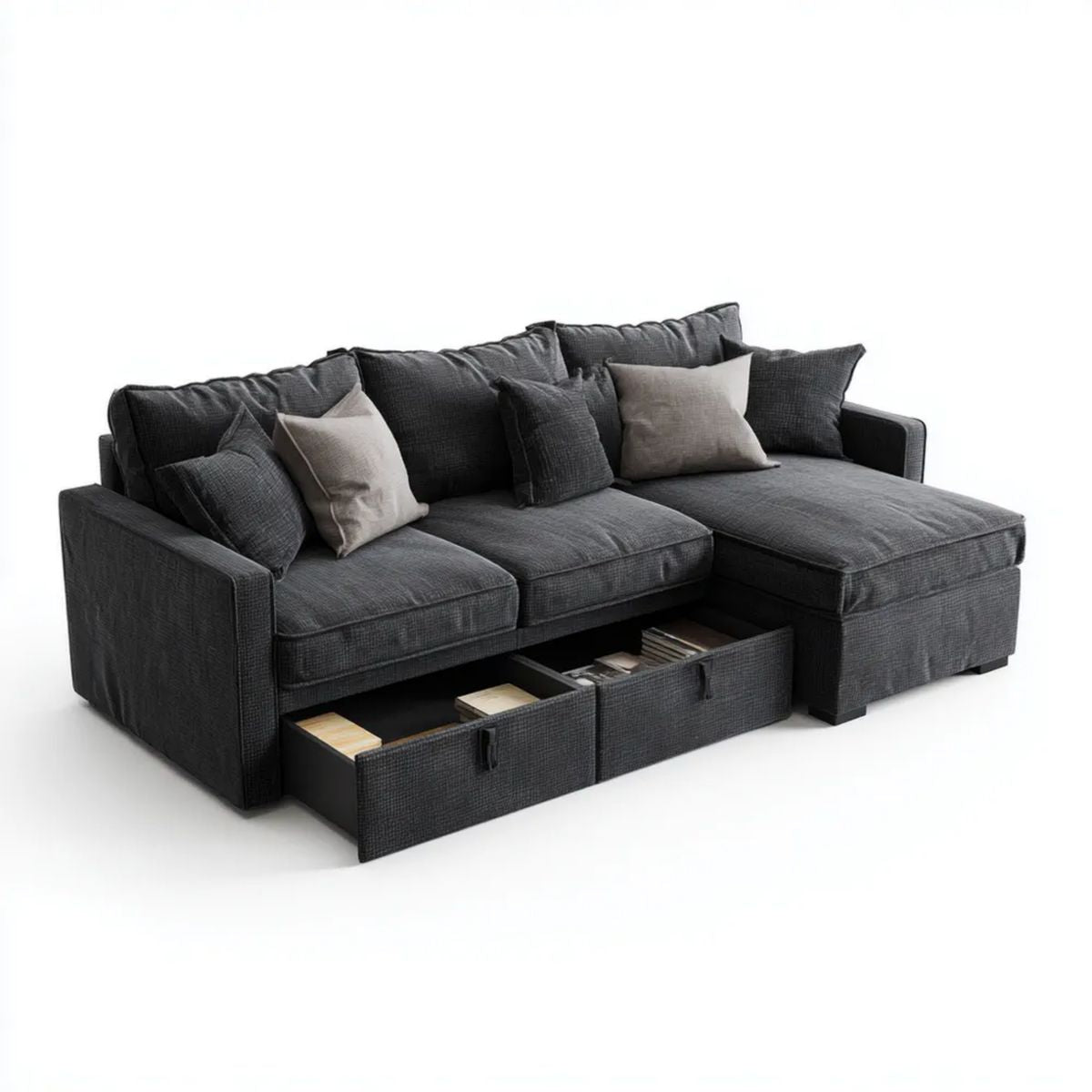 Sofa, 3 antracyt z kanapą z szezlongiem, poduszkami i 2 szuflady z tworzywa sztucznego, 250 x 160 x 85 cm